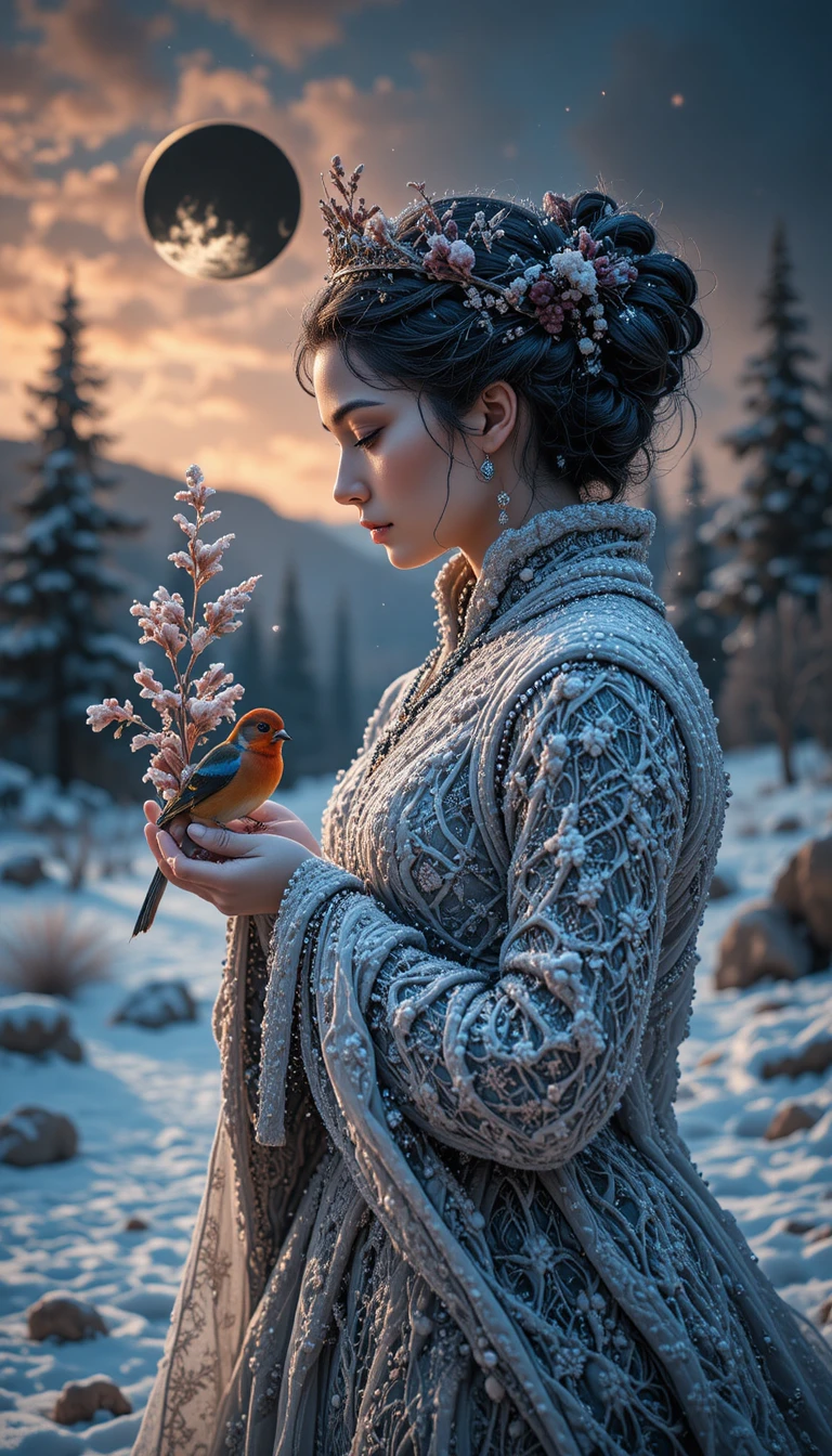 Girl holding bullfinch in surreal winter kinetic sand scene