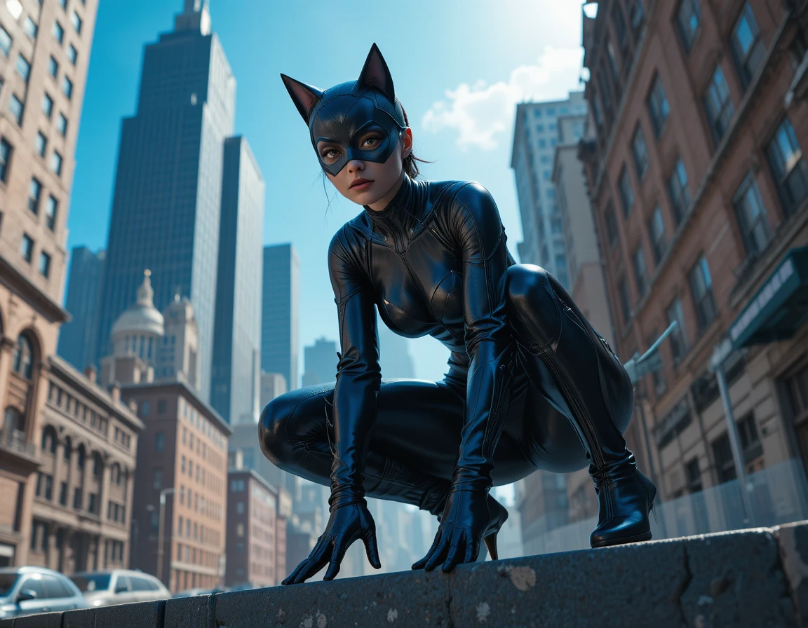 Dunkelhäutige Catwoman hockt auf futuristischem Stadtdach