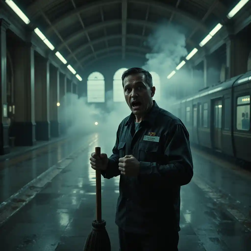 Scared janitor with mop on empty grand central platform
