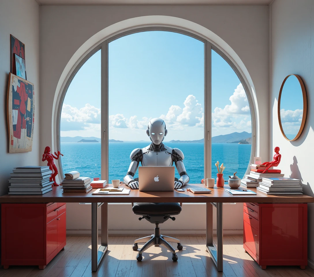 Humanoid office robot working at a modern minimalist desk