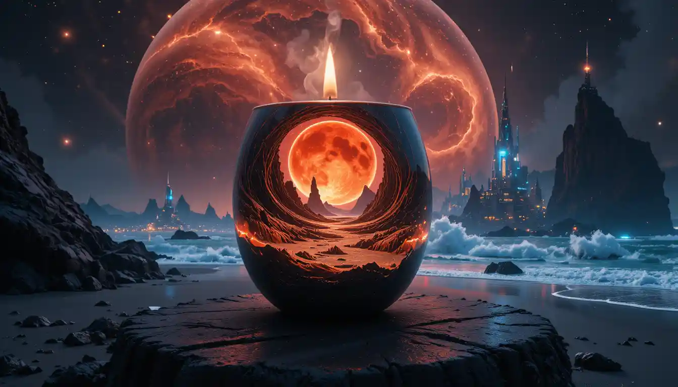 Surreal galaxy landscape glowing inside a single candle