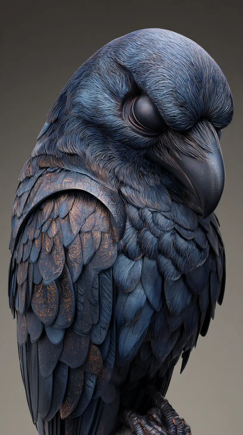 Corbeau 3D stylisé perché la tête inclinée vers le bas