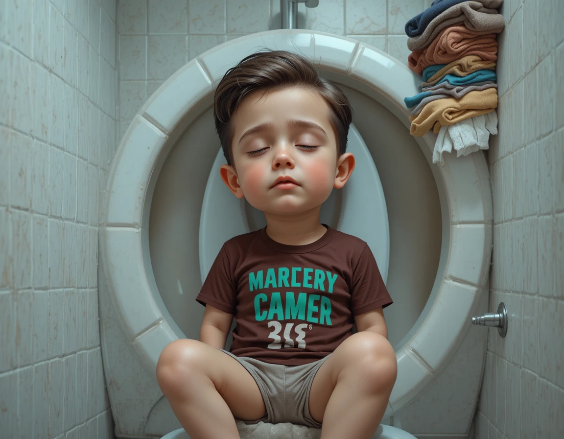 Sleeping toddler curled inside a white bathroom toilet seat
