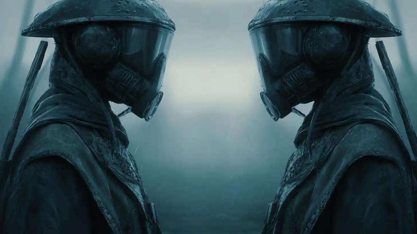 Minaccioso comandante guerriero sci‑fi sotto pioggia e nebbia