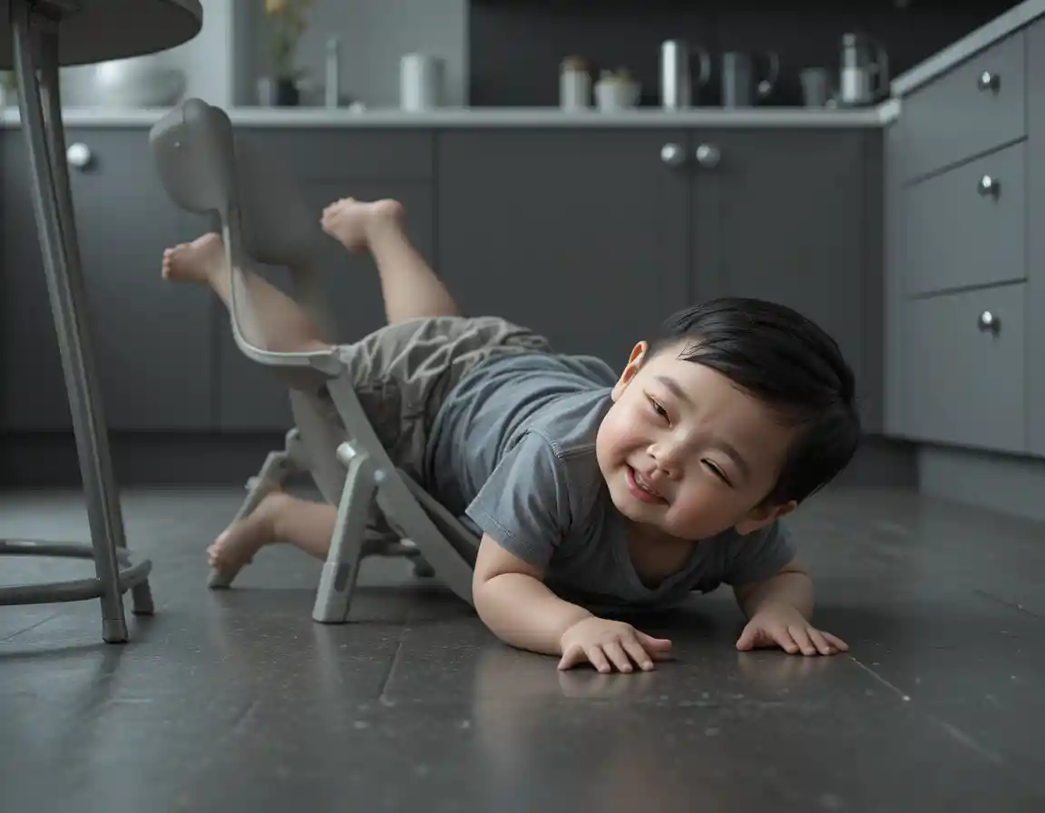 Surveillance view of injured baby on kitchen floor