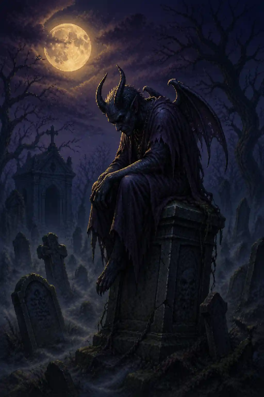 Demon Resting On Tombstone In Moonlit Graveyard