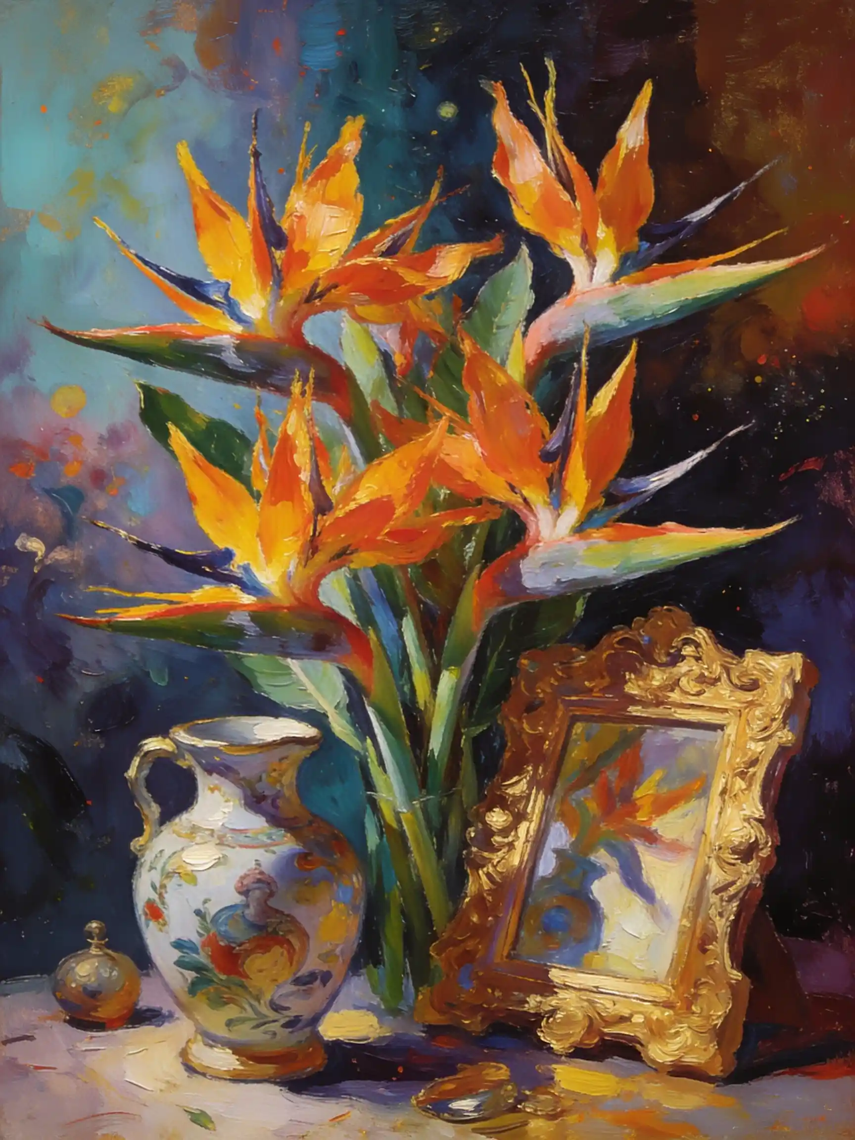 Painterly realism of vivid birds of paradise flowers
