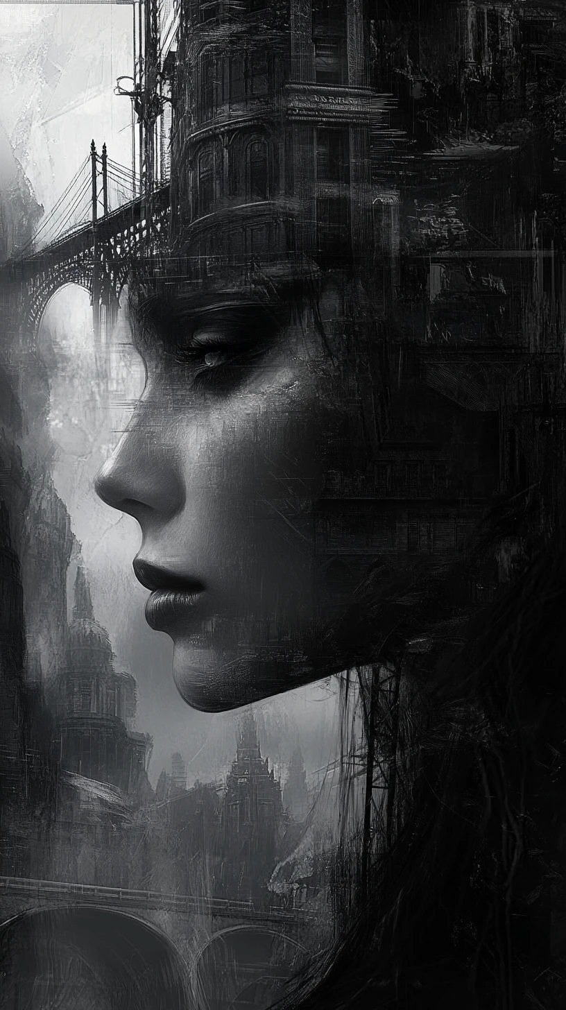 Gothic woman fused with a labyrinthine dark metropolis