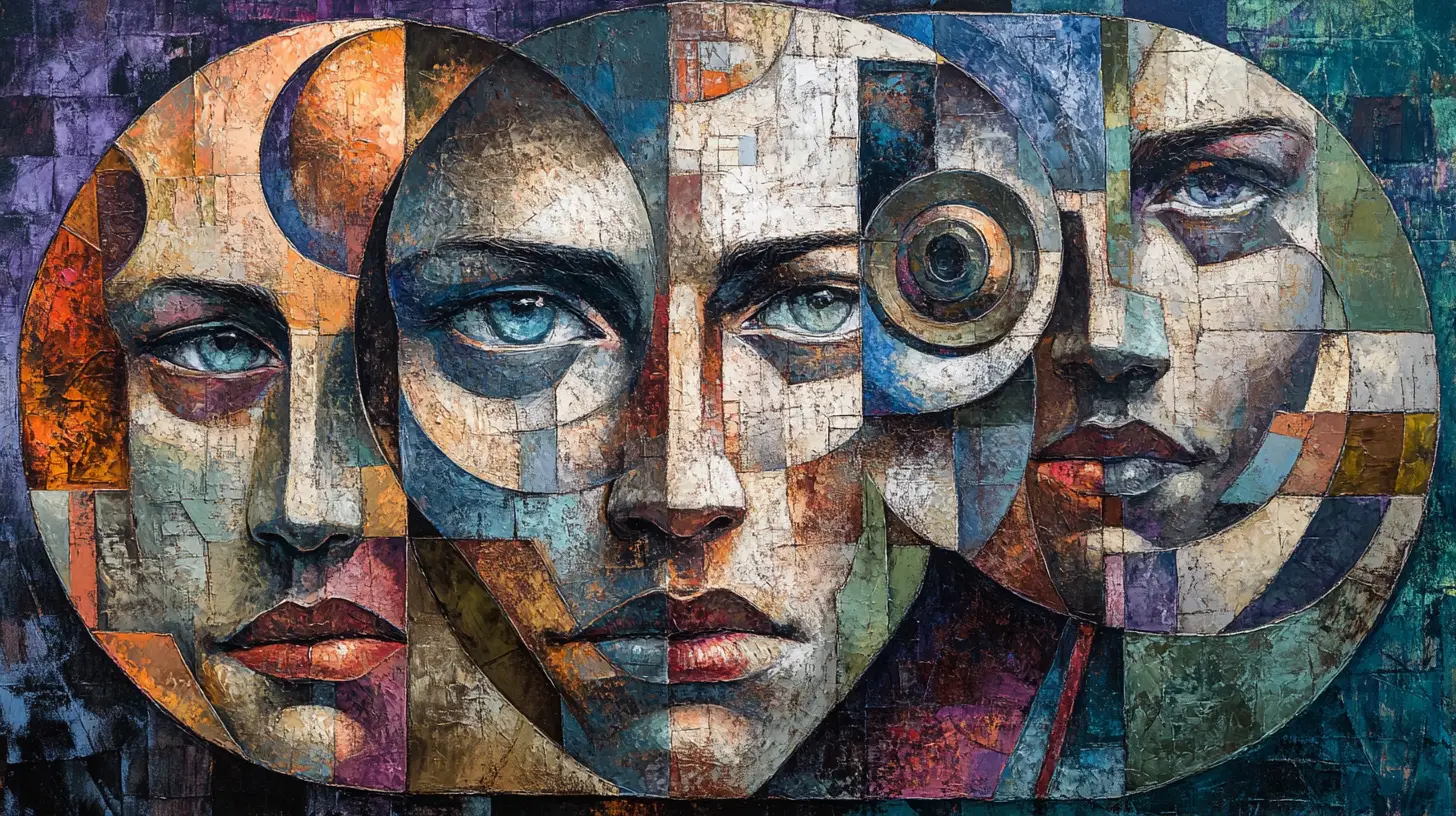 Surreal cubist portrait of fragmented human faces and machinery