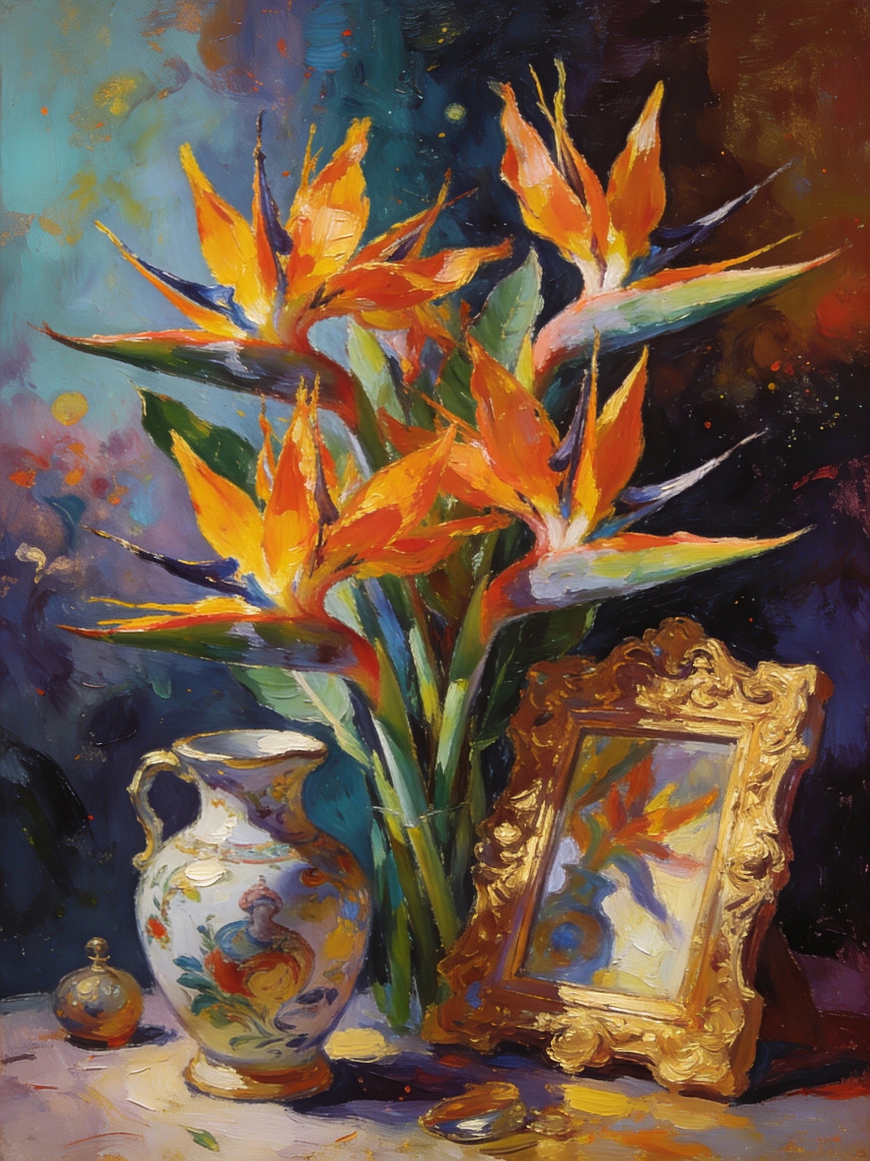 Painterly realism of vivid birds of paradise flowers