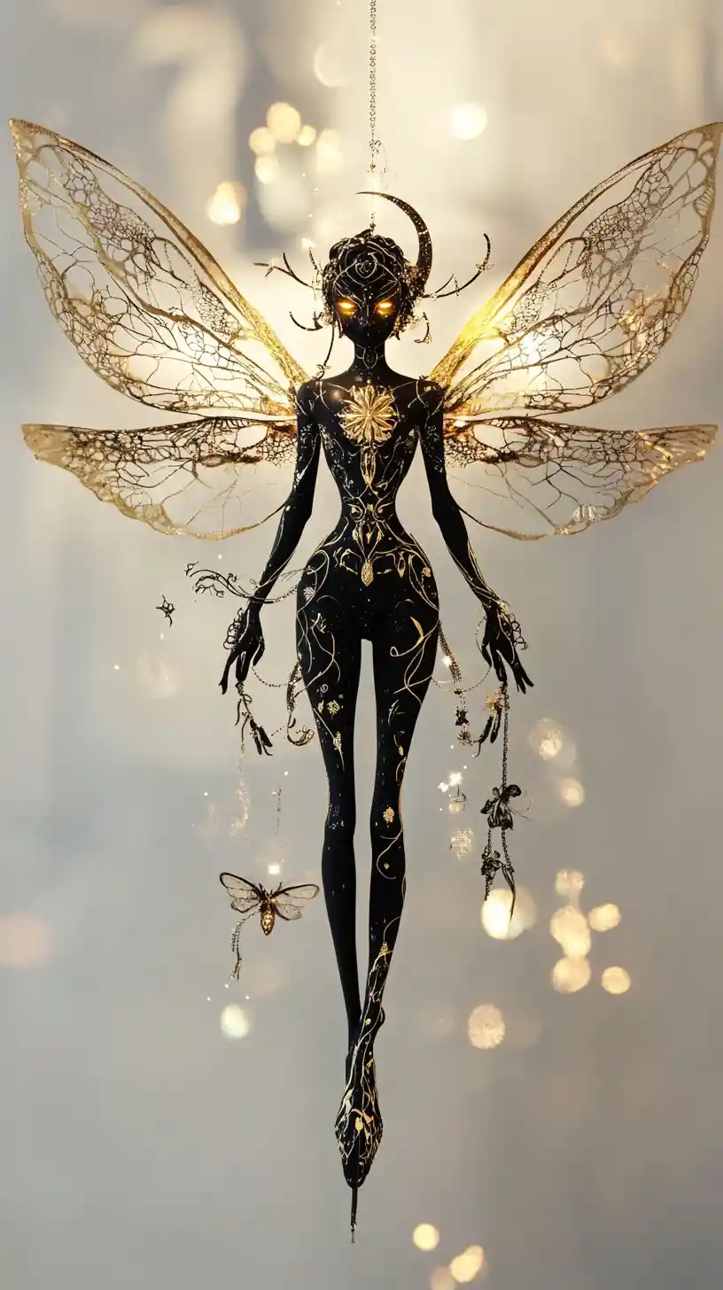 Serene fairy with dragonfly wings in lunar stardust glow