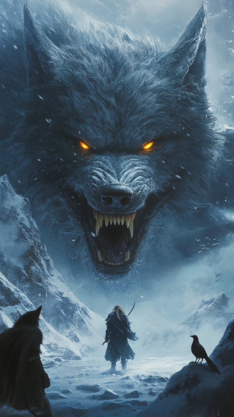 Giant mythical wolf towering over a frozen norse wasteland