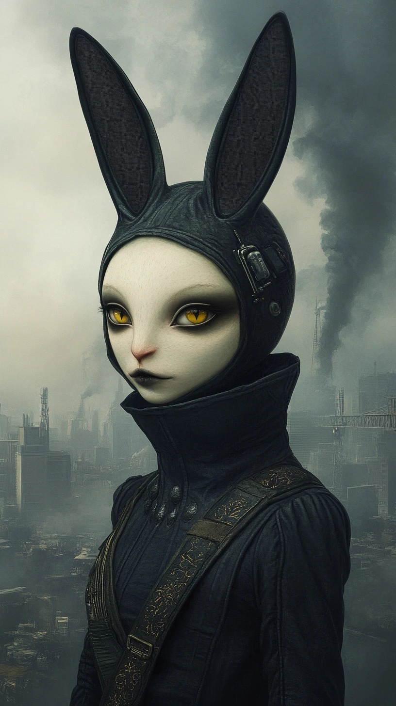Androgynes Wesen erhebt sich aus einer dystopischen, nebligen Stadtlandschaft