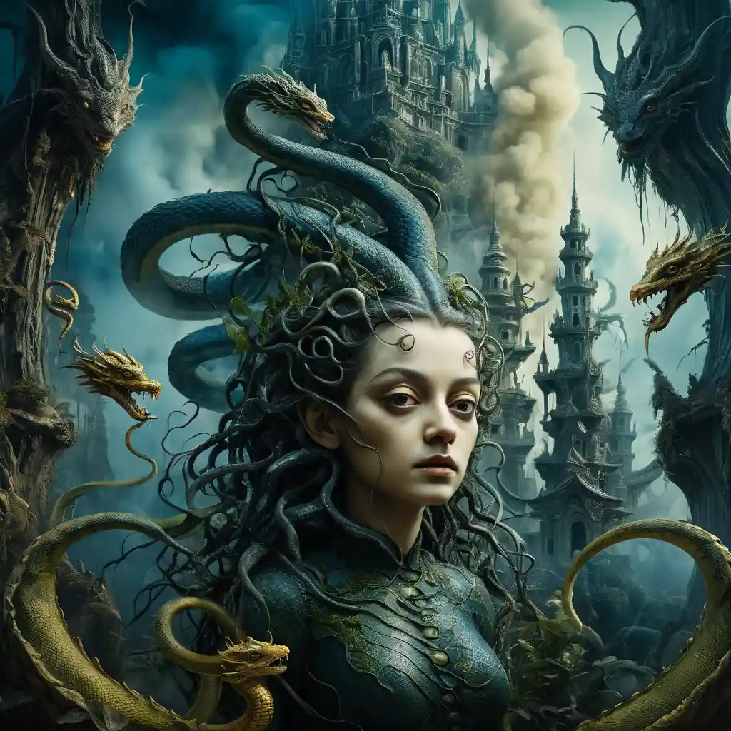 Baby gorgon in a surreal forest with swirling smoke
