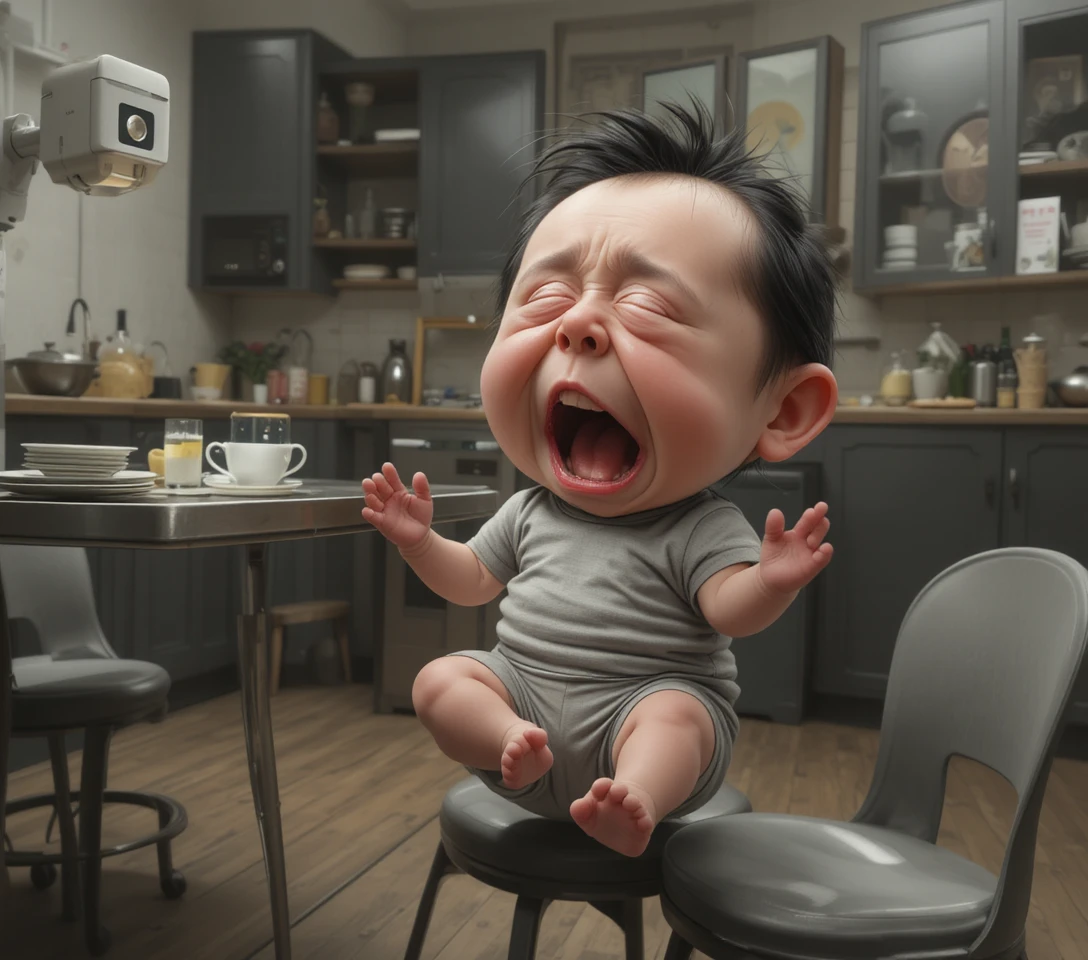 Crying baby after falling near table in modern kitchen