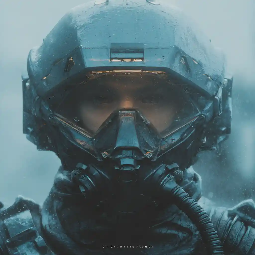 Ominous sci fi warrior commander in rain and fog
