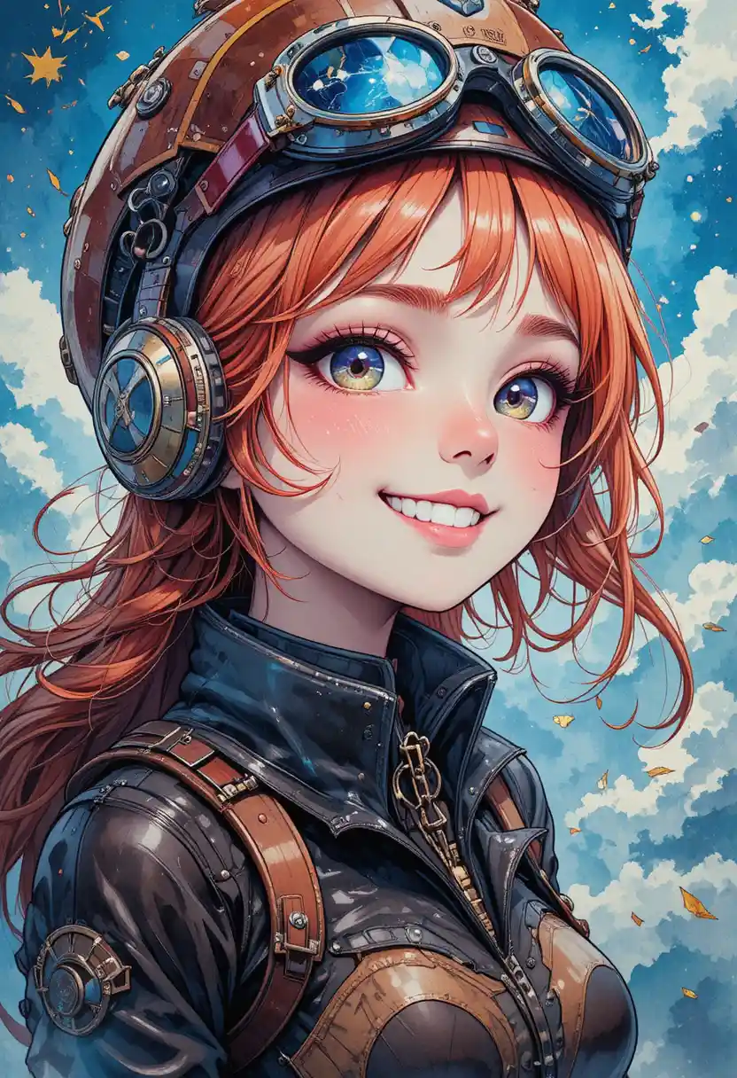 Steampunk anime girl sky captain in full body illustration