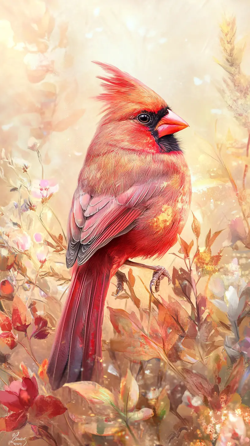 Red cardinal perched among warm autumn floral blooms