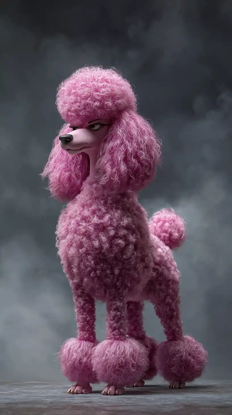 Stylized Pink Poodle In A Moody Gothic Foggy Landscape