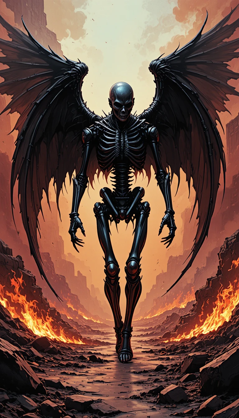 Cyborg ghost figure with black wings walking through flames