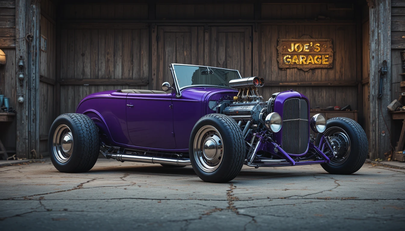 Purple hot rod roadster by an old wooden garage
