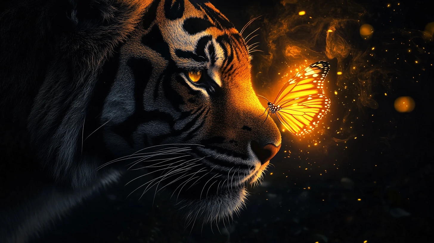 Glowing Tiger Silhouette With Radiant Butterfly On Its Nose