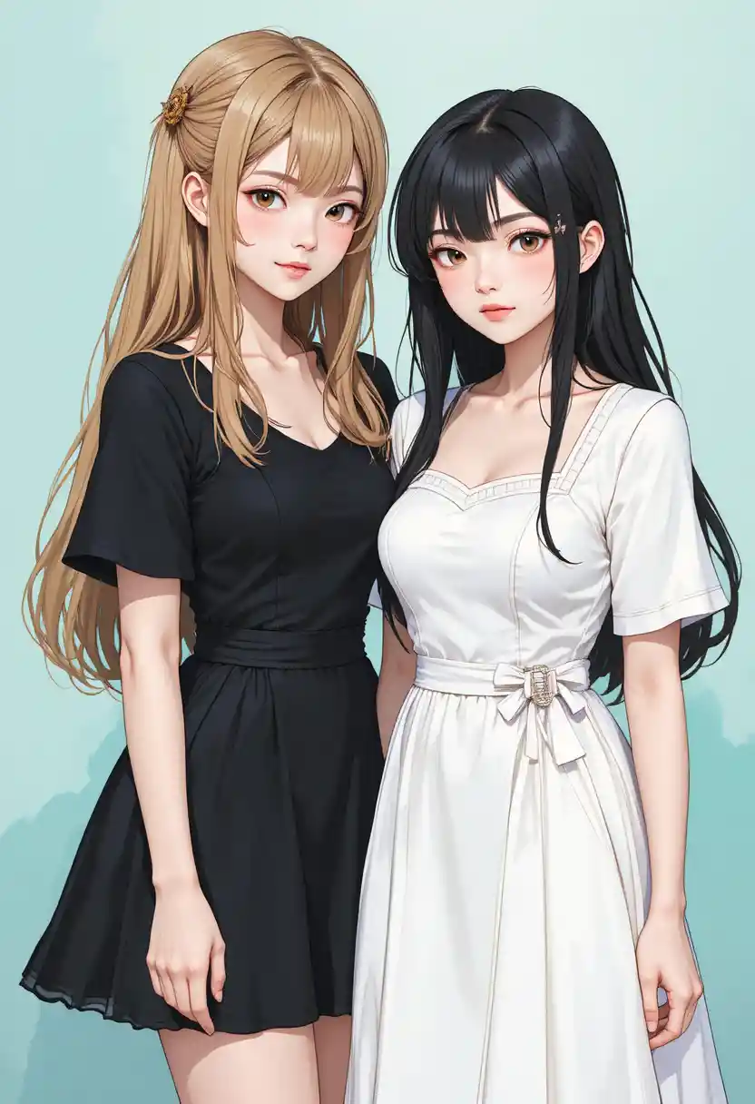 Two girls standing together in contrasting dresses