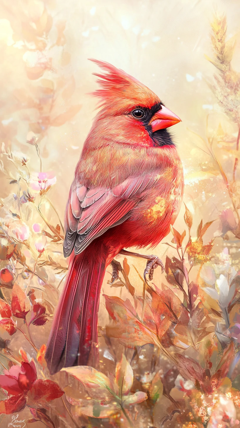Cardinale rosso posato tra calde fioriture autunnali