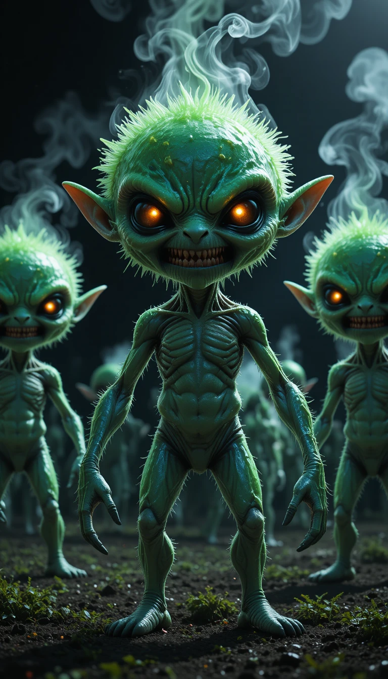 Silver alien beings standing in a dark farmyard night