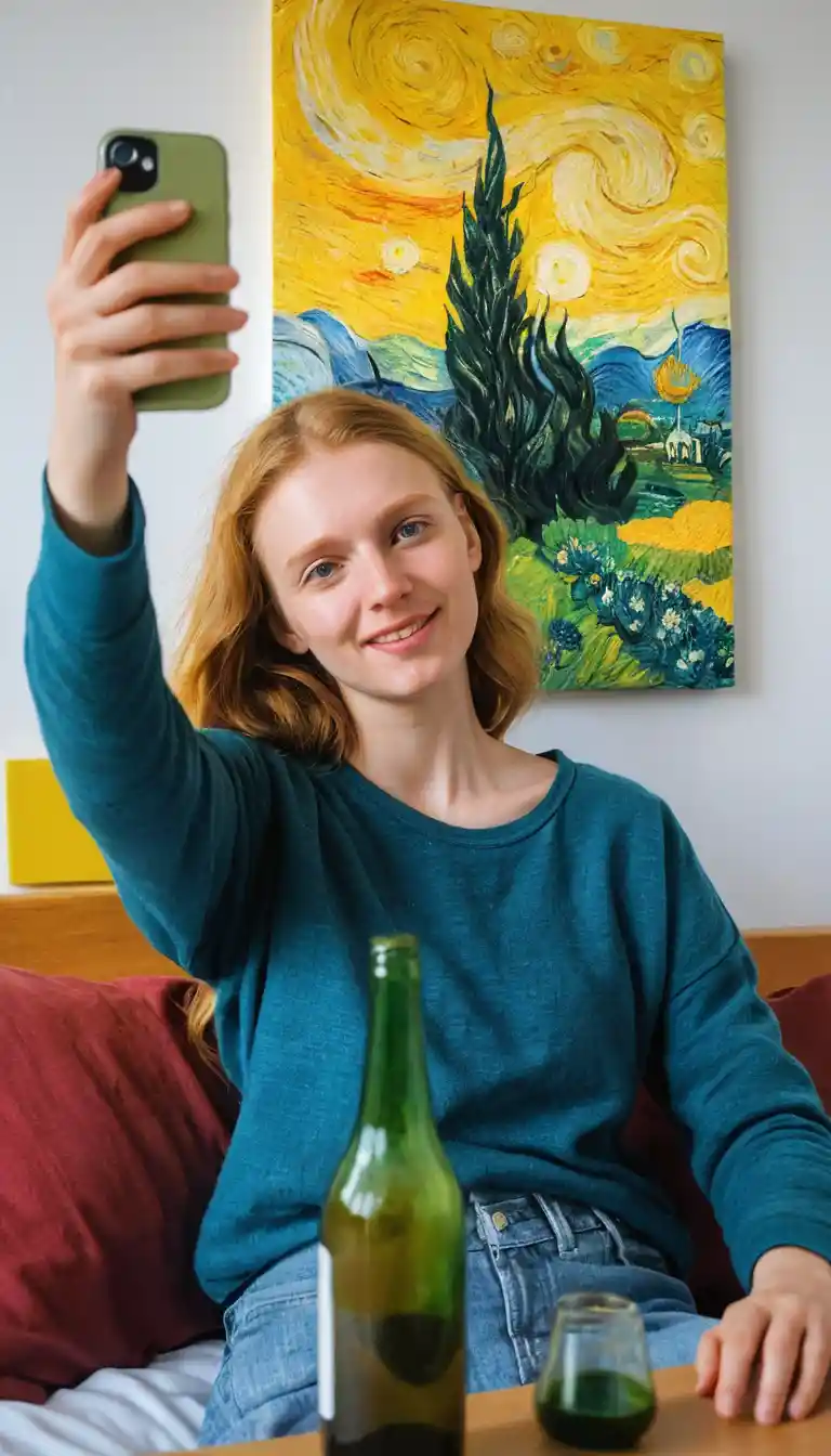 Drunk college girls taking chaotic bedroom party selfies