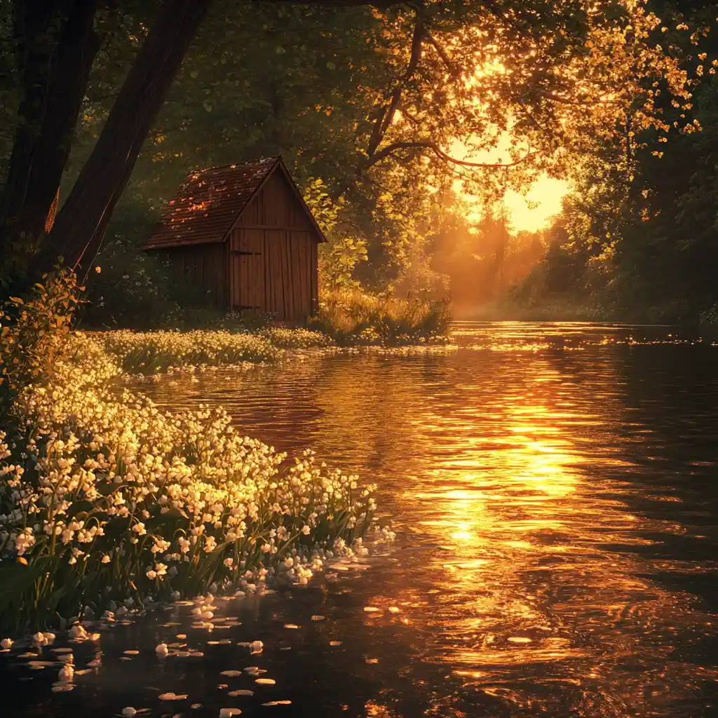 Small wooden shed by a calm river at sunset