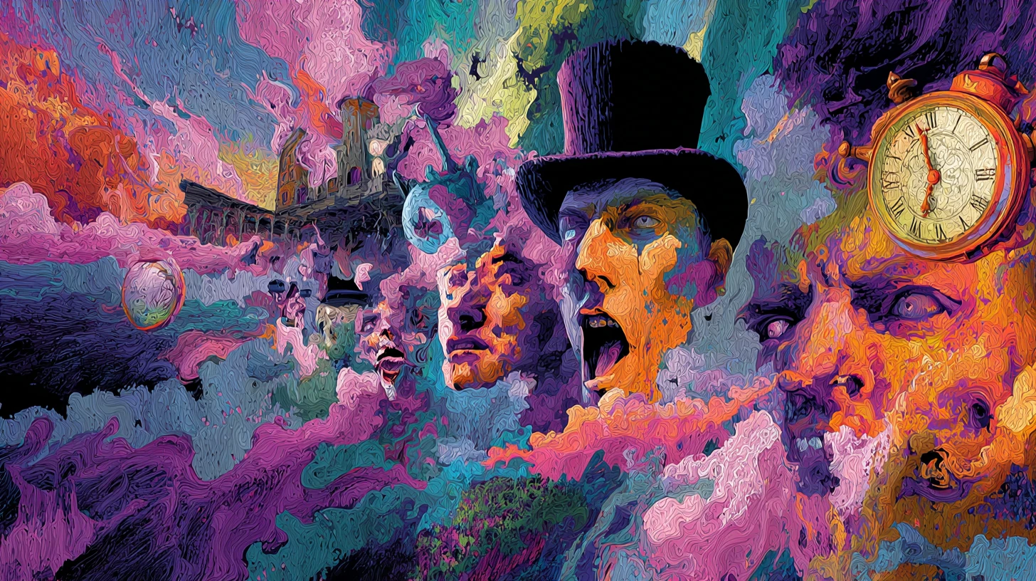 Surreal fractured landscape filled with swirling distorted faces