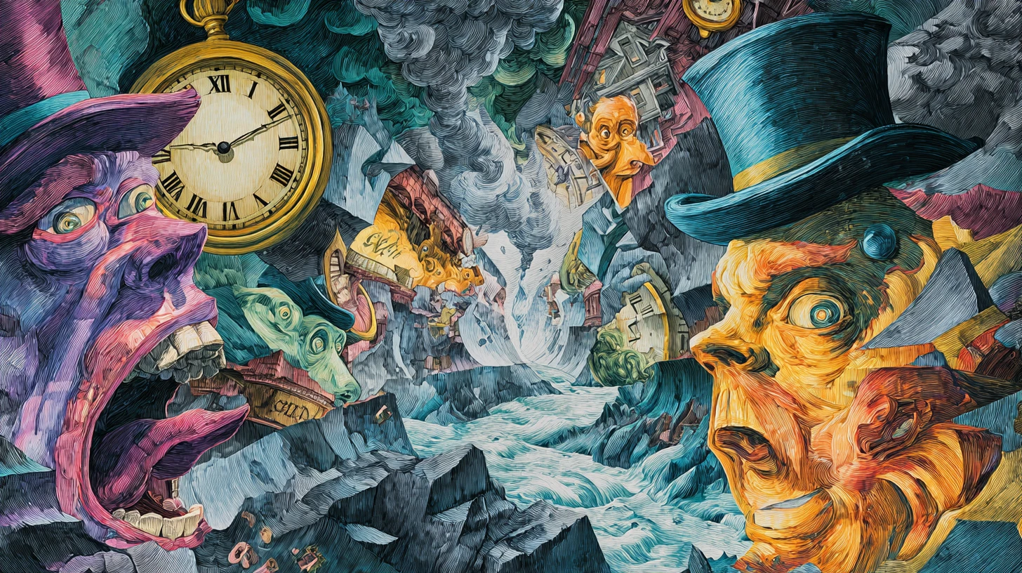 Surreal fractured mindscape swirling with distorted colorful faces
