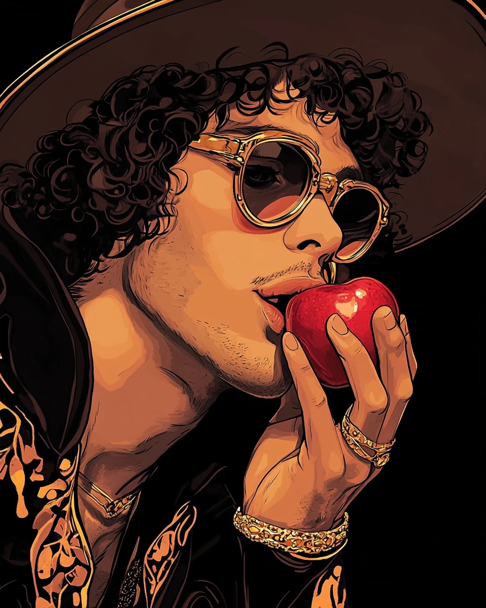 Man in hat biting a red apple in digital pop art