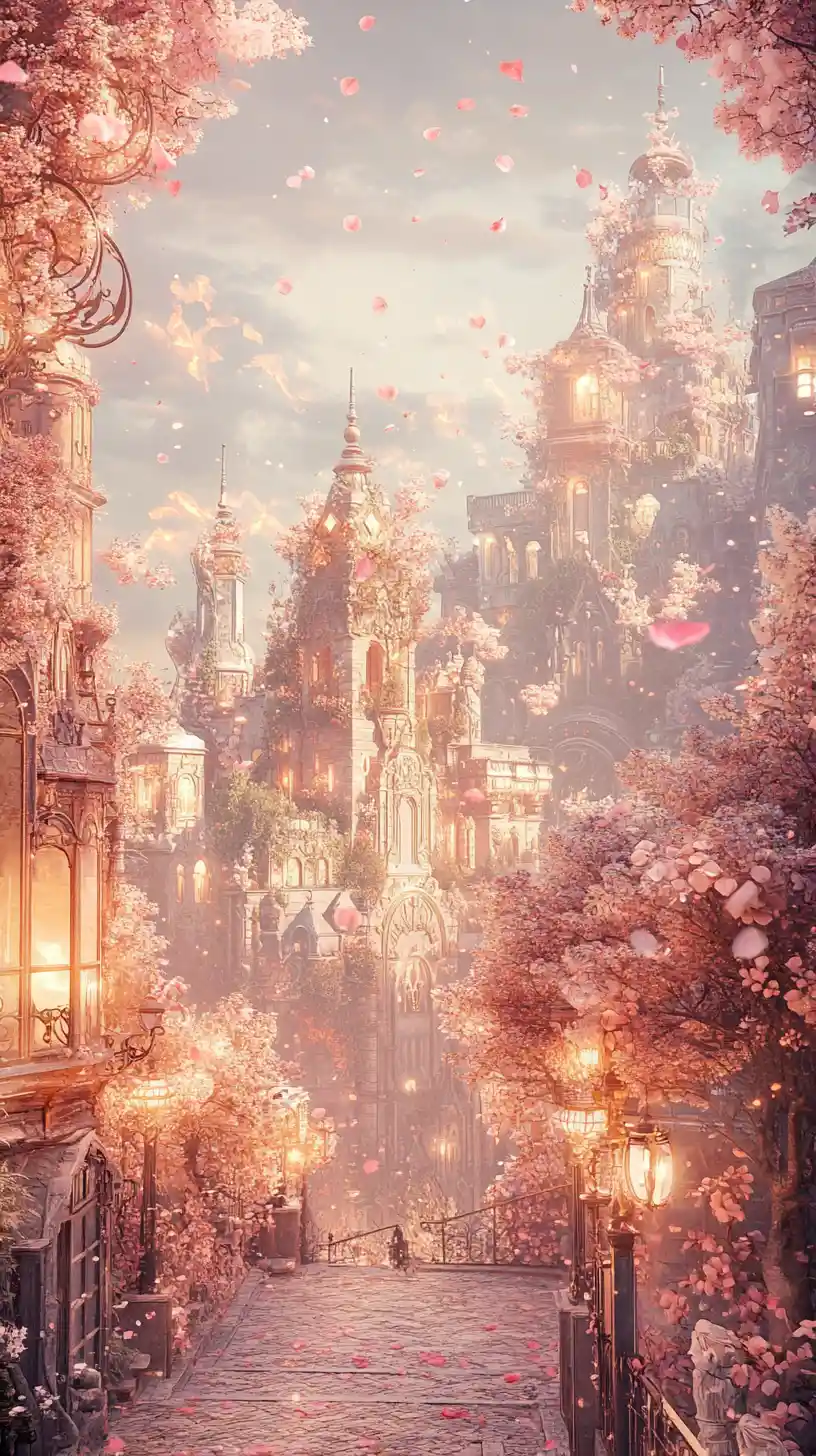 Dreamy Art Nouveau Fantasy City With Glowing Lanterns