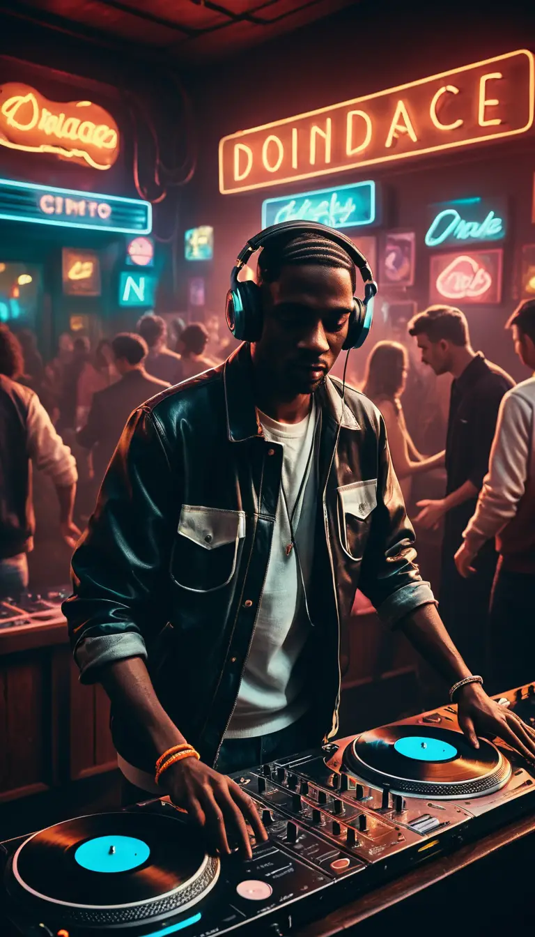 Dj spinning tracks in a neon lit retro nightclub crowd