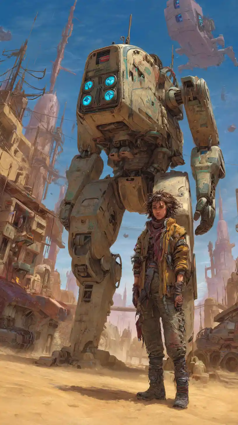 Post apocalyptic punk woman with massive battle damaged mech