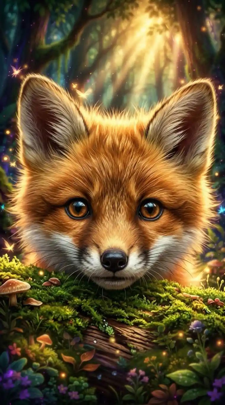 Baby fox peeking from mossy log in enchanted forest