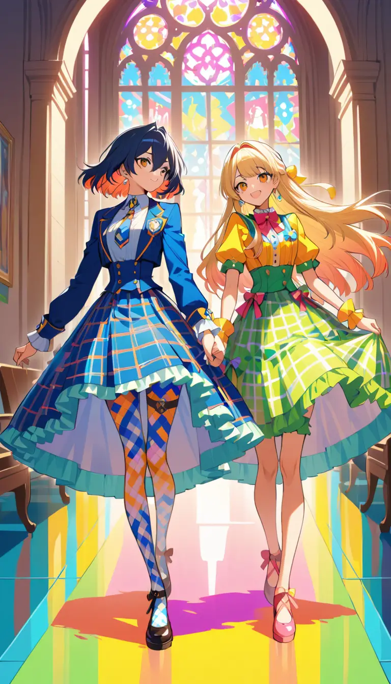 Anime girls walking through sunlit church corridor