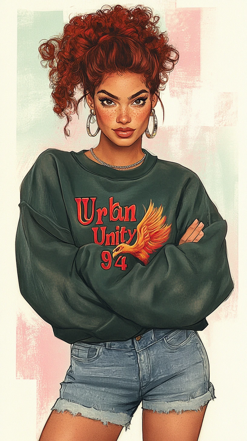 Confident woman in vintage college sweatshirt illustration
