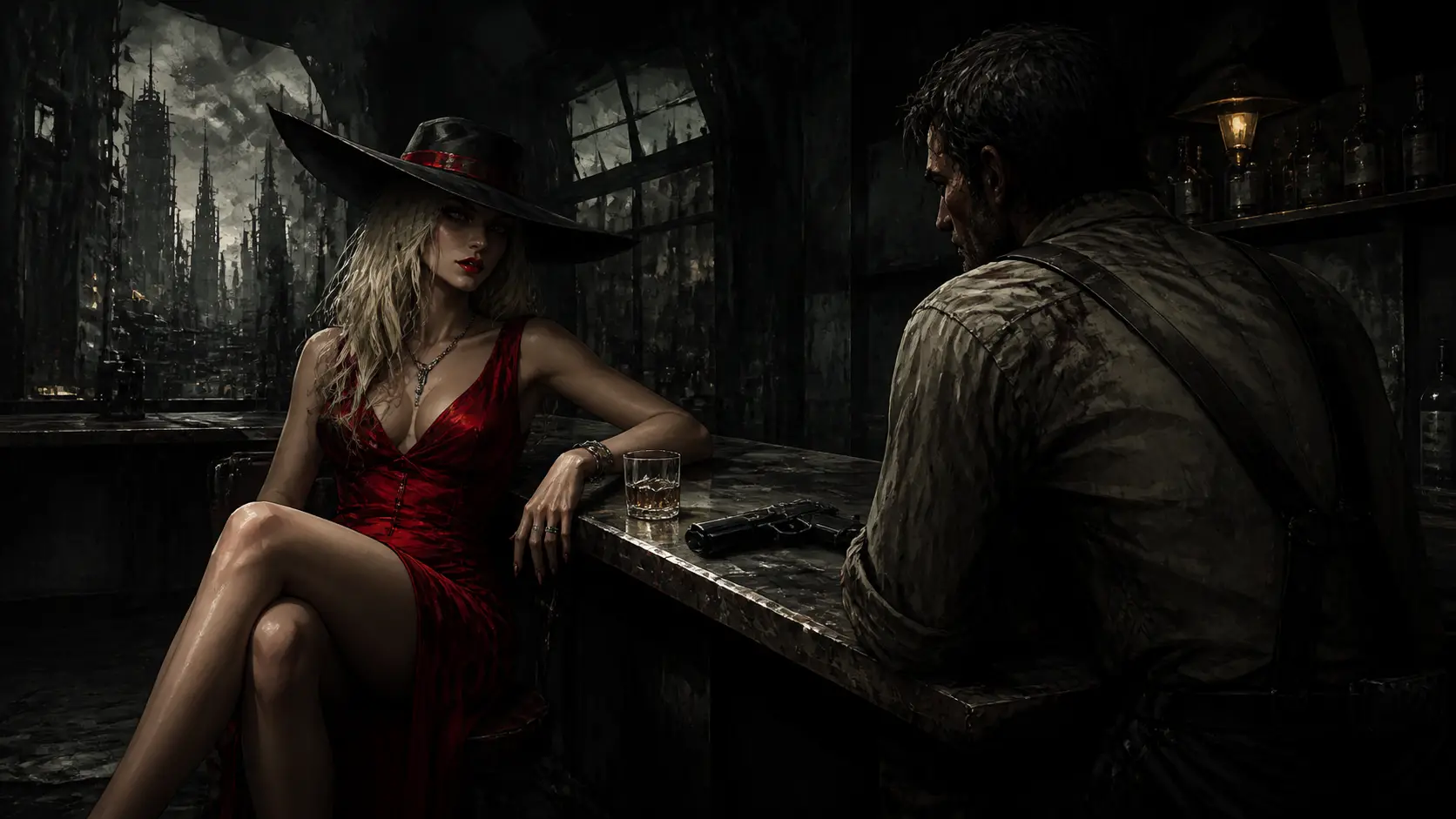 Mysterious blond woman in red dress at a gritty bar
