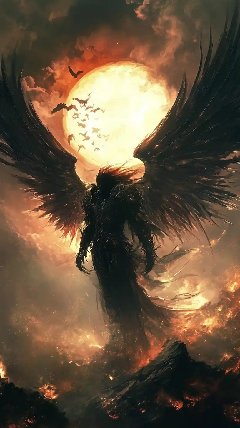 Angel wings emerging from the fiery depths of hell