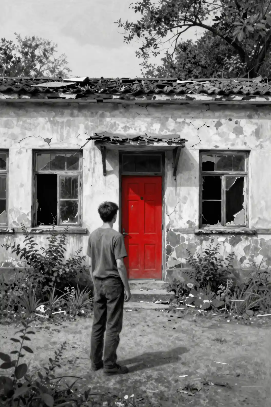 Boy at red door of decaying schoolhouse in monochrome painting
