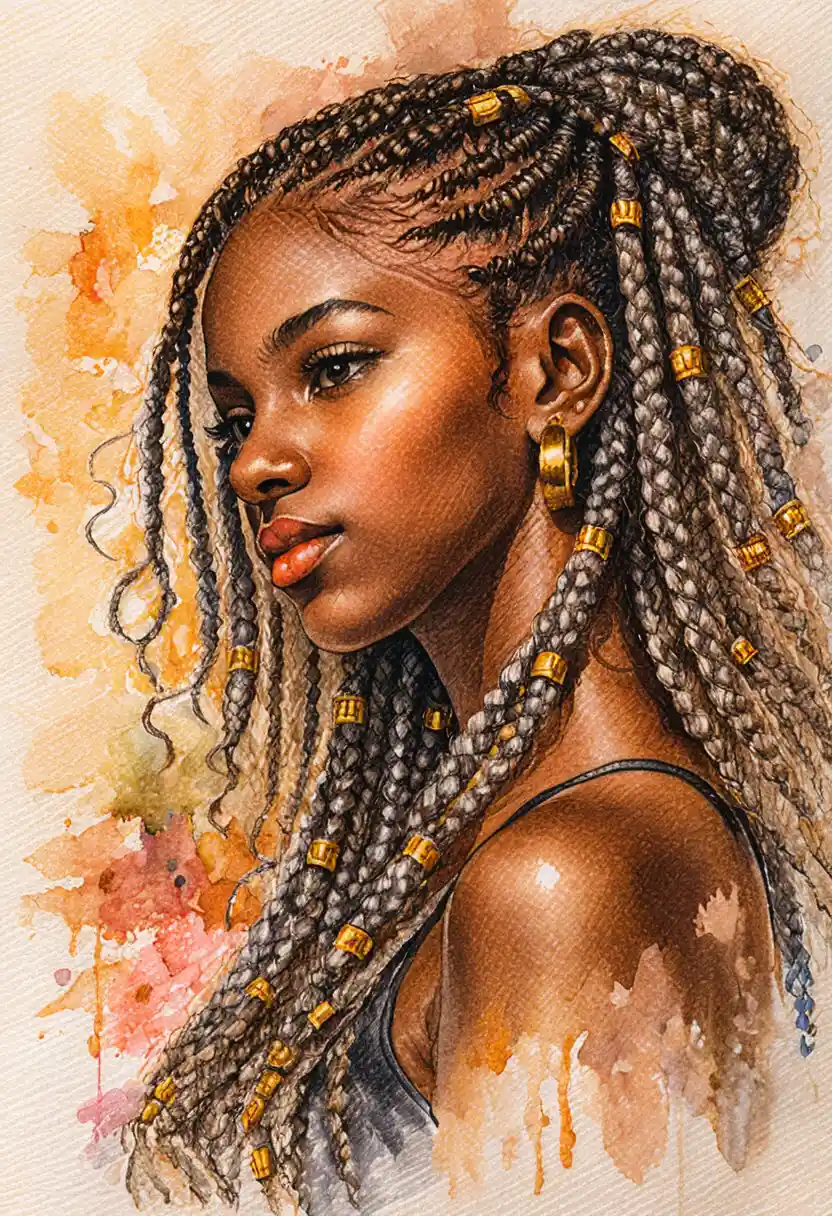 Portrait of an African girl with braided hair in pencil