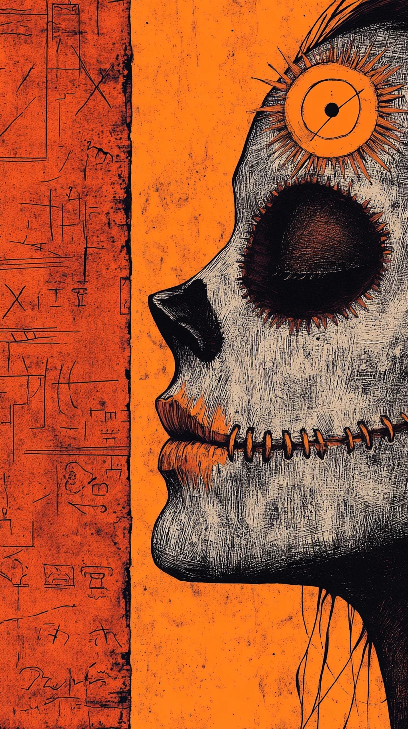 Macabre stitched mouth woman in vintage woodcut style