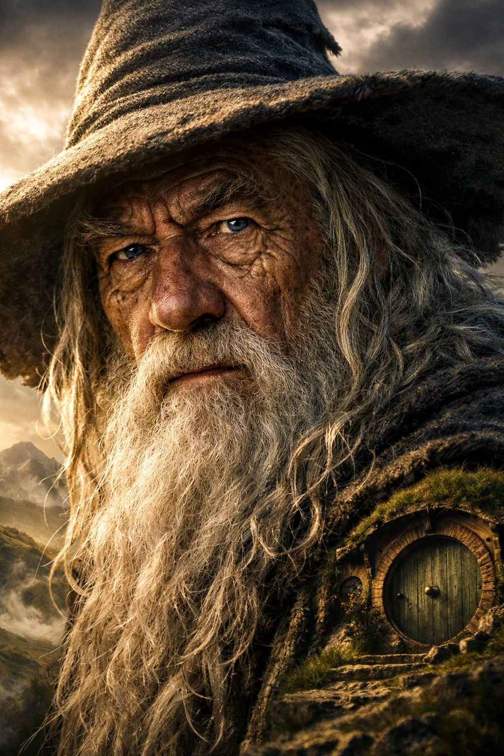 Extreme close up portrait of an old fantasy wizard