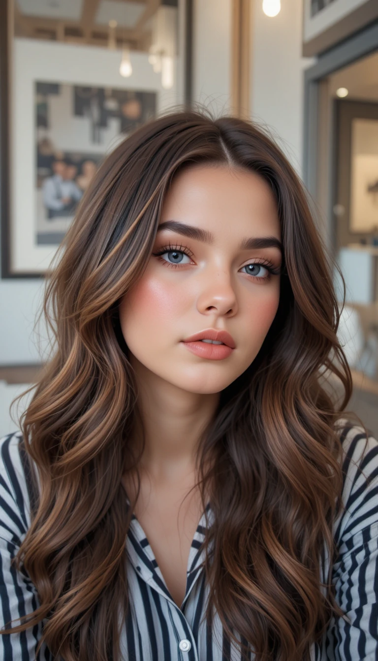 Thoughtful brunette woman in soft indoor portrait