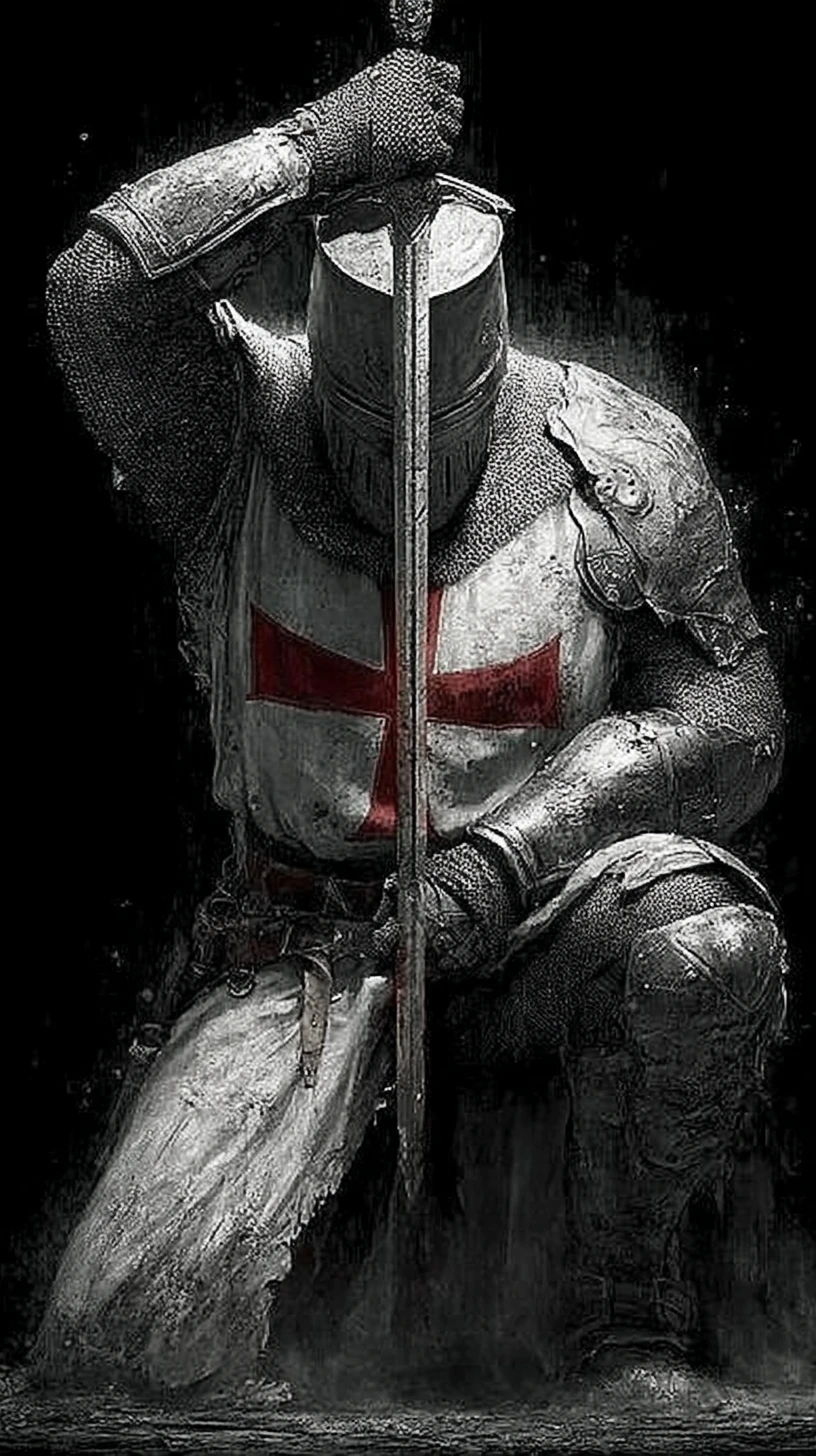 Templar knight descending in a brutal downward sword strike
