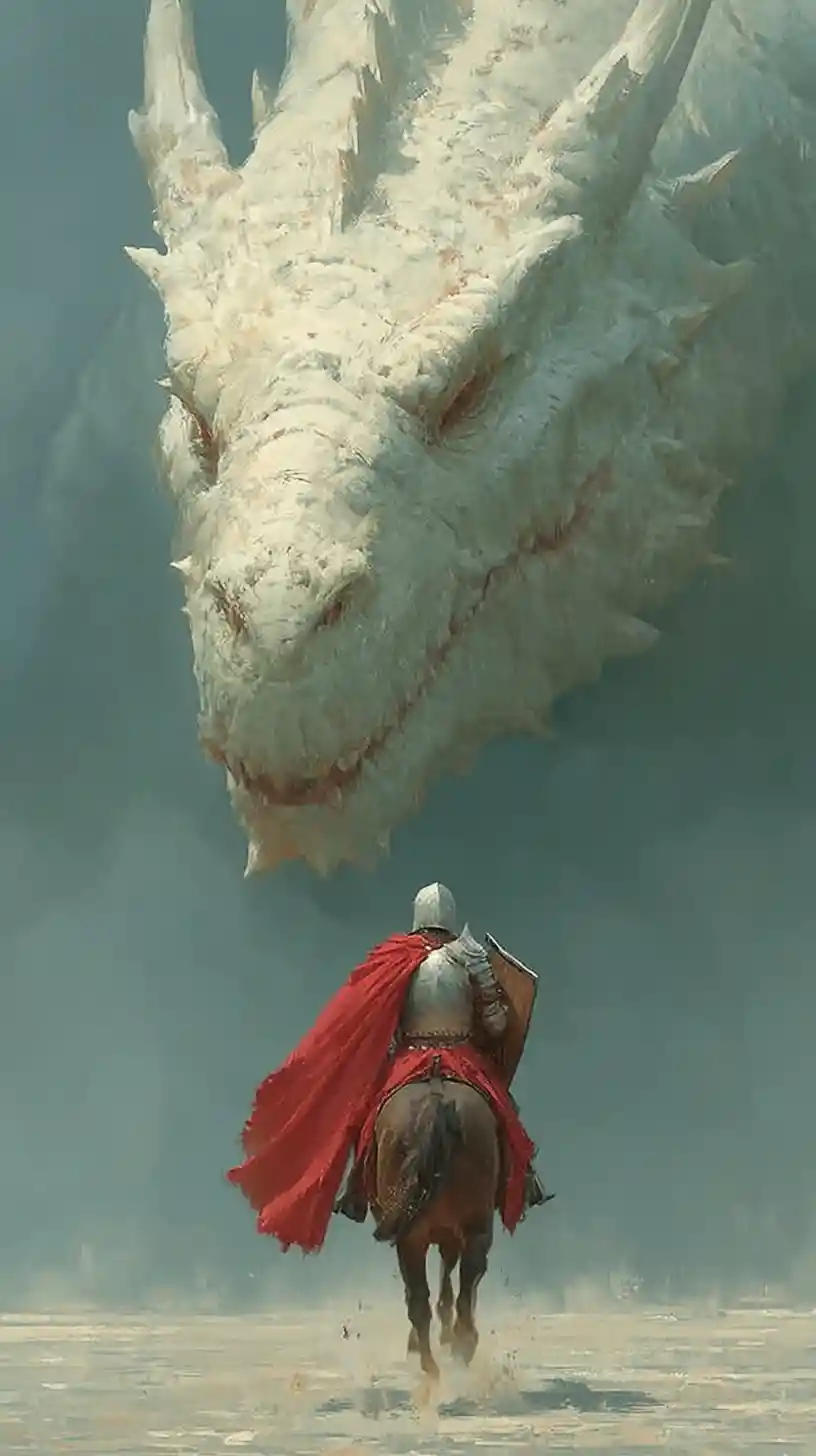 Armored knight charging a colossal dragon on stormy cliff