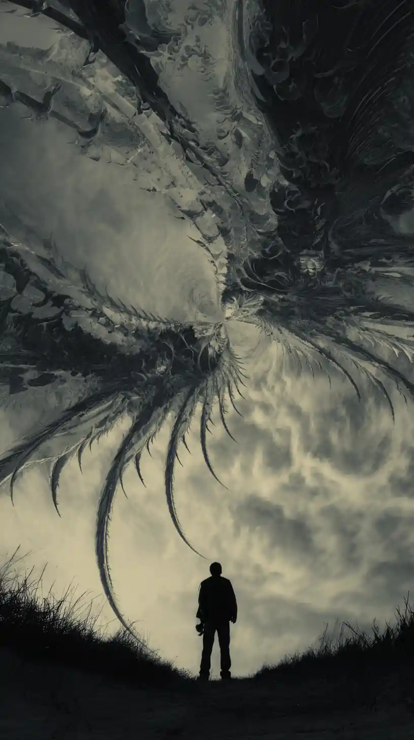 Angel wings emerging from a fiery hellish abyss